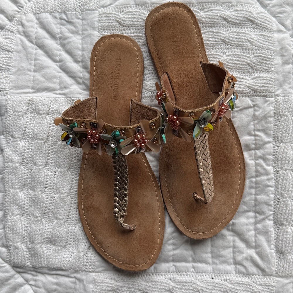 ILSE Jacobsen Leather Gem Floral Shimmer Brown Sandals size 39